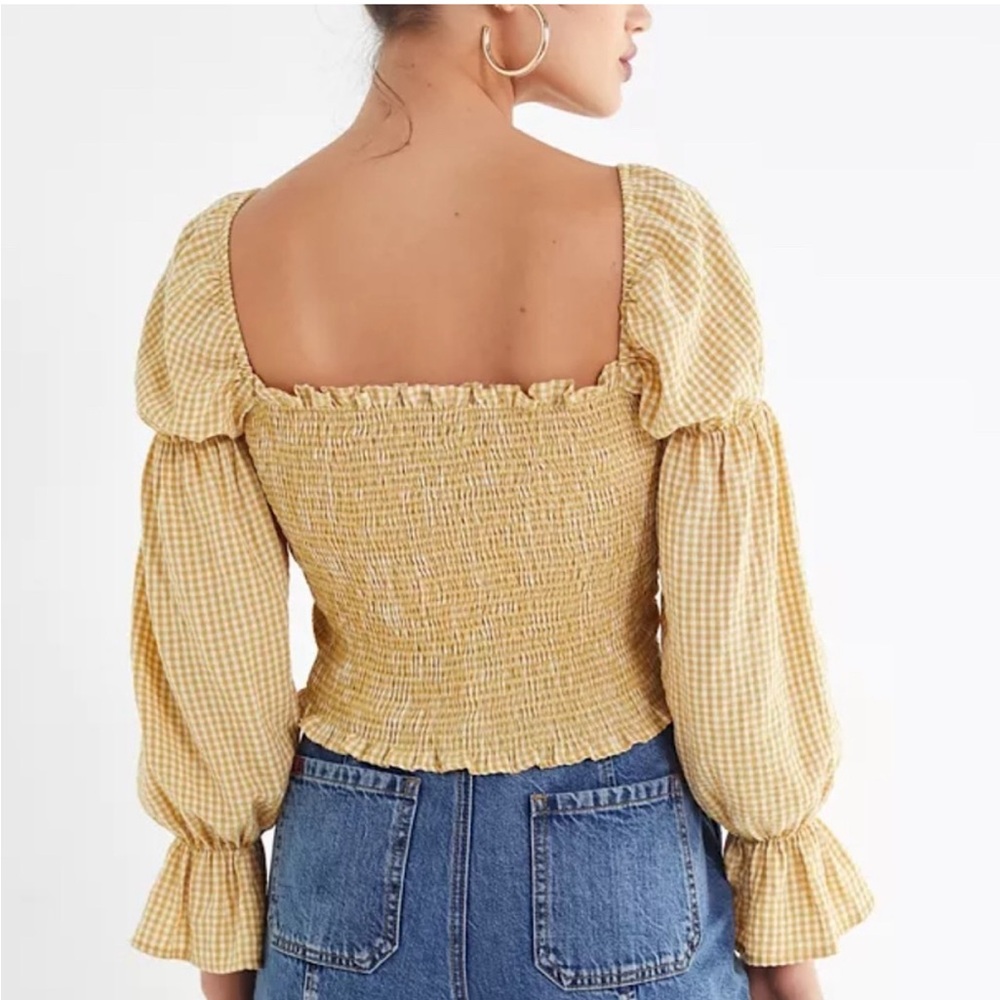 Urban Outfitters Yellow Ruffled Ruche Crop‎ Top Smocked Long Sleeve Checkered S - Picture 2 of 14